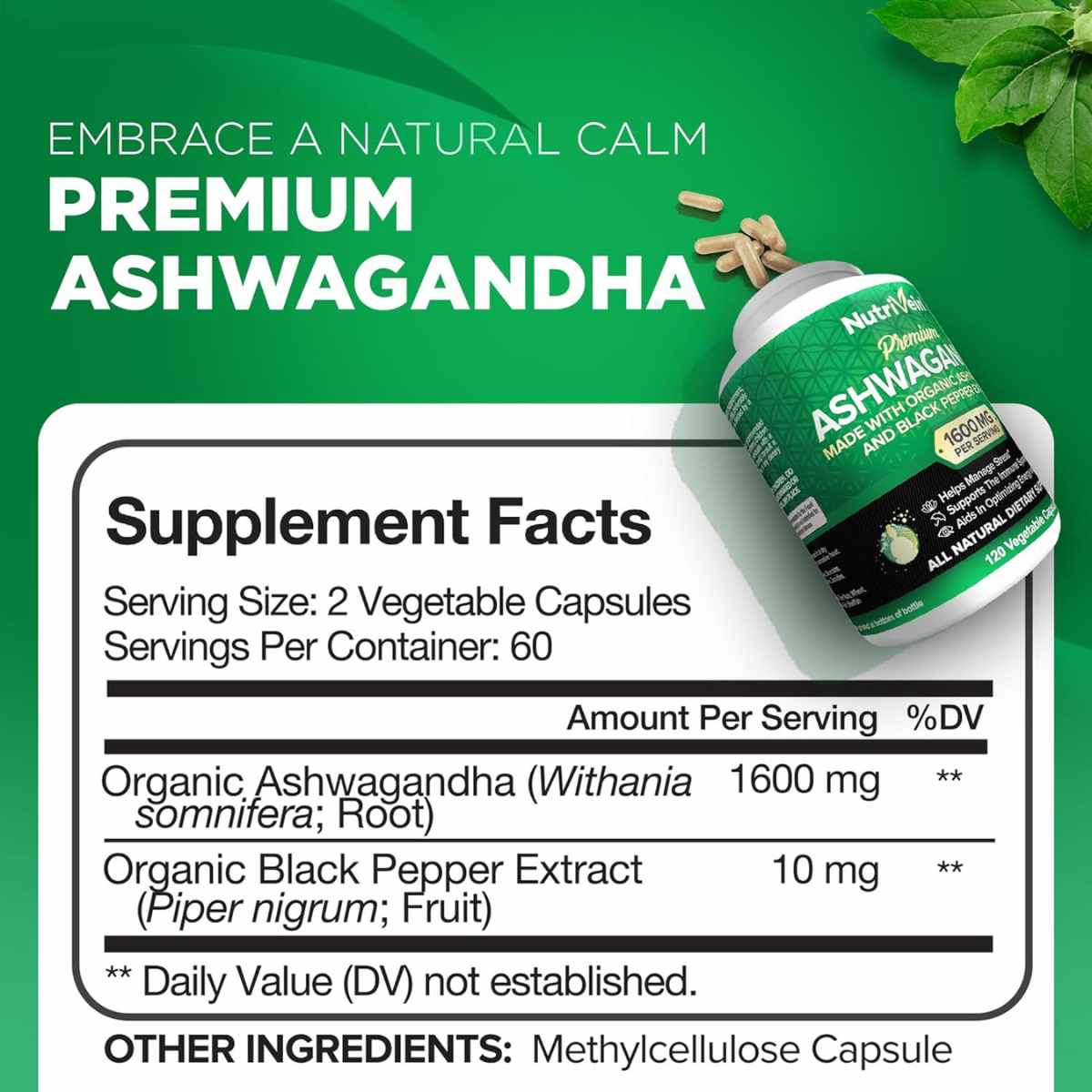 Ashwagandha con Extracto de Pimienta Negra 1600 mg - 120 Cápsulas Vegetales - Haz Tu Pedido