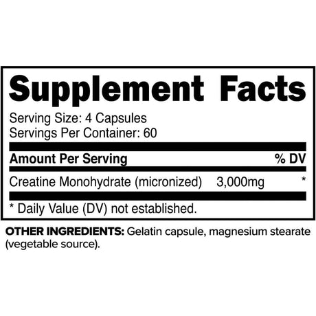 PrimaForce Monohidrato de Creatina 3000 mg - 240 Cápsulas - Tabla Nutricional - Haz Tu Pedido