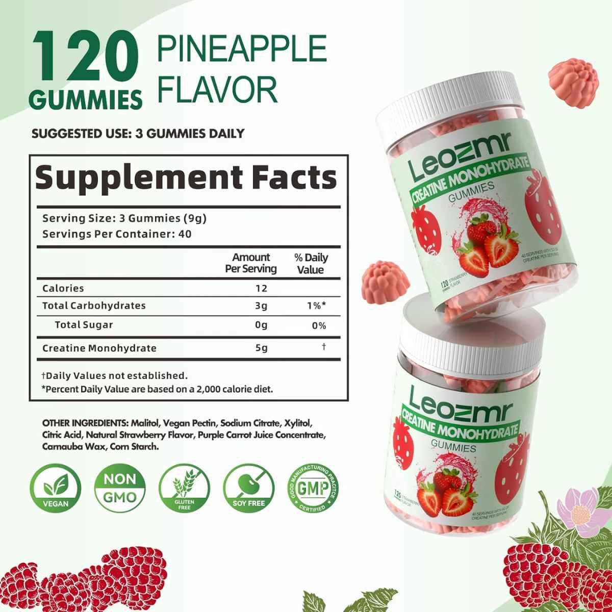 Leozmr Monohidrato de Creatina - Sabor Fresa - 120 Gomitas - Tabla Nutricional - Haz Tu Pedido