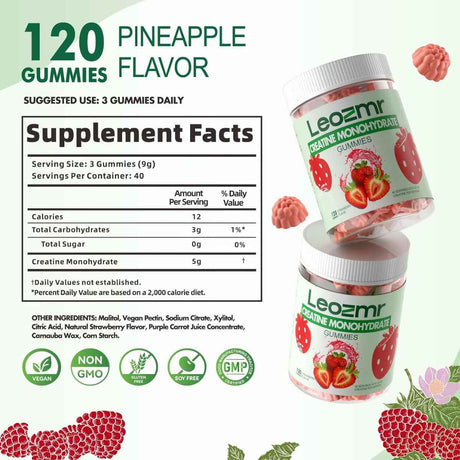 Leozmr Monohidrato de Creatina - Sabor Fresa - 120 Gomitas - Tabla Nutricional - Haz Tu Pedido