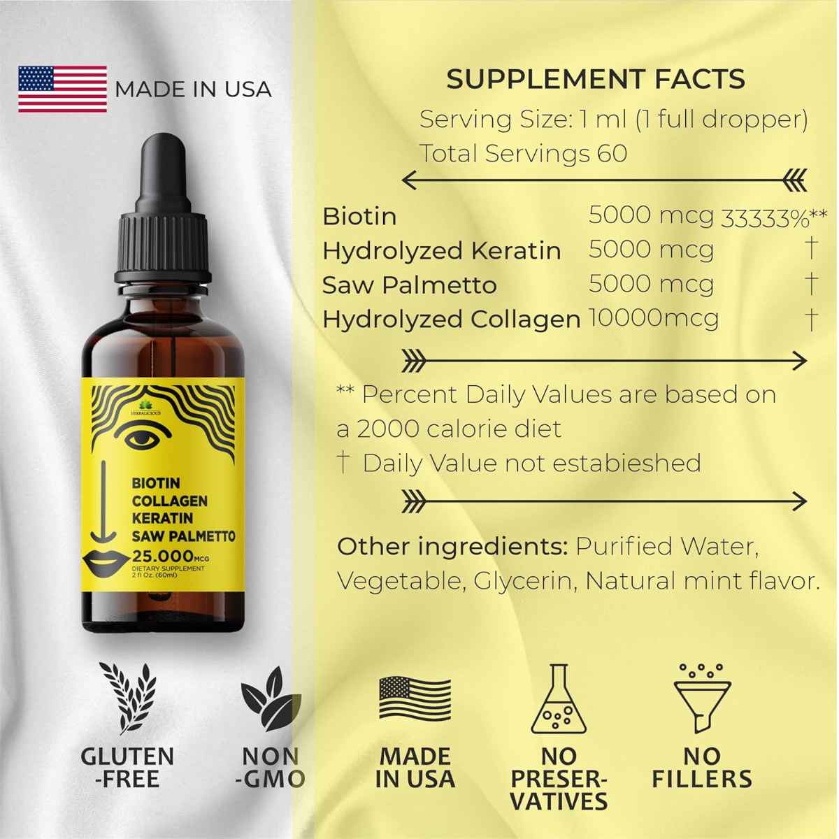 Herbalicious Suplemento Integral para el Cabello, Piel y Uñas 25000 mcg - 60 ml - Tabla Nutricional - Haz Tu Pedido