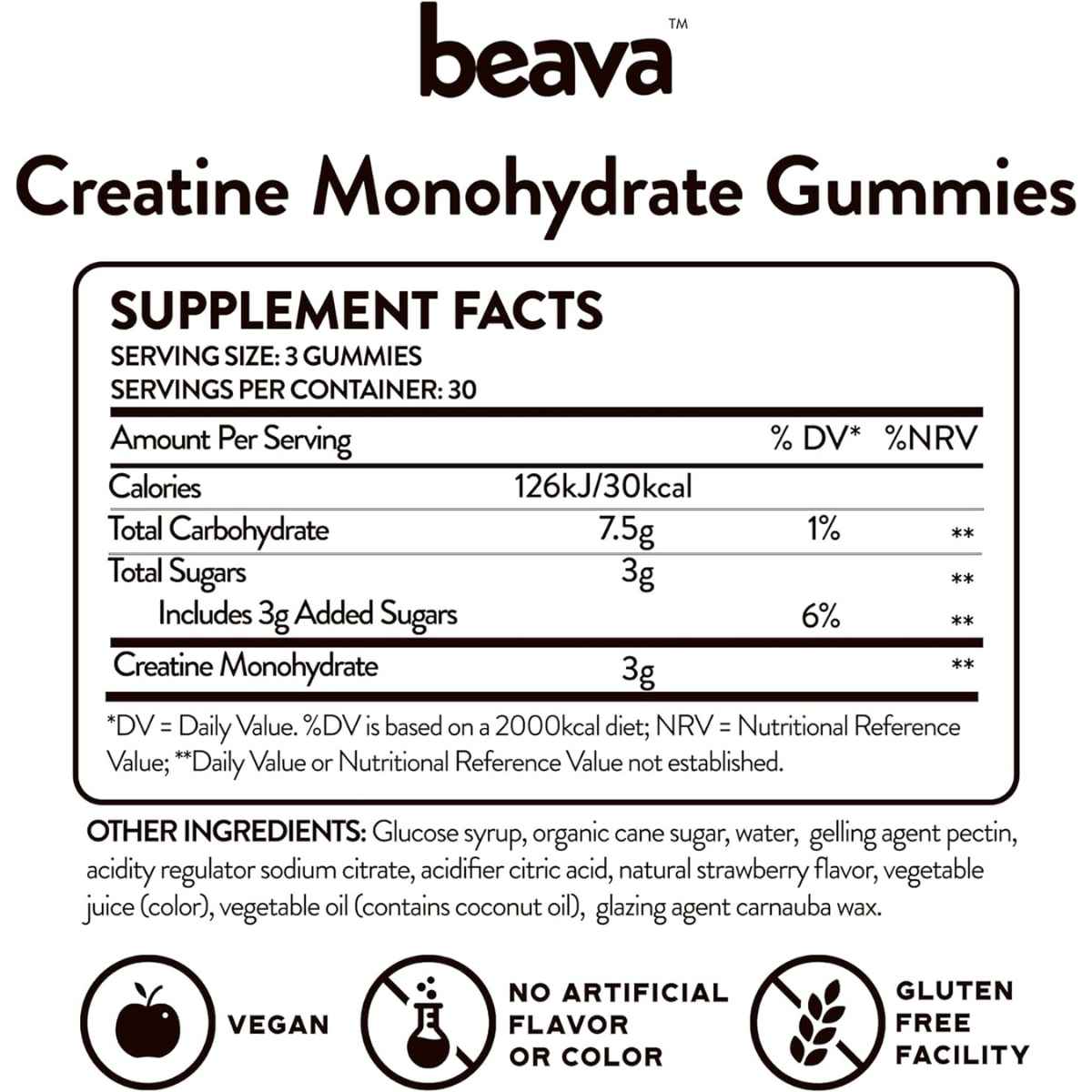 Beava Monohidrato de Creatina - Sabor Fresa - 90 Gomitas - Tabla Nutricional - Haz Tu Pedido