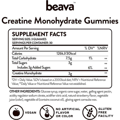 Beava Monohidrato de Creatina - Sabor Fresa - 90 Gomitas - Tabla Nutricional - Haz Tu Pedido