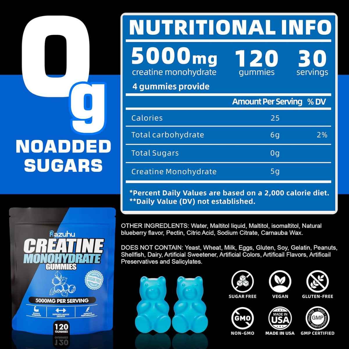 Razuhu Monohidrato de Creatina 5000 mg - Sabor Arándano Azul - 120 Gomitas - Tabla Nutricional - Haz Tu Pedido