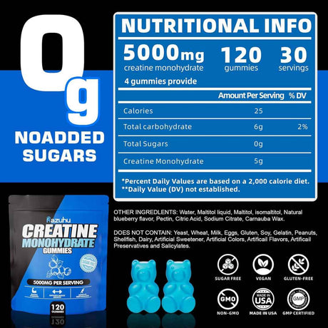 Razuhu Monohidrato de Creatina 5000 mg - Sabor Arándano Azul - 120 Gomitas - Tabla Nutricional - Haz Tu Pedido