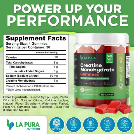La Pura Monohidrato de Creatina 5000 mg - Sabor Fresa y sandía - 120 Gomitas - Tabla Nutricional - Haz Tu Pedido