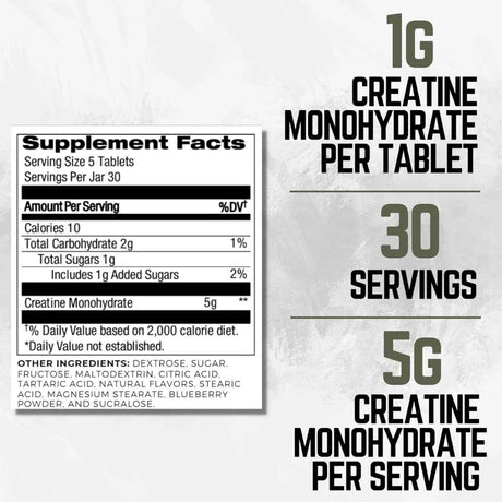 Ketostat Monohidrato de Creatina Micronizada 5 - Sabor Frambuesa Azul - 150 Tabletas Masticable - Tabla Nutricional - Haz Tu Pedido