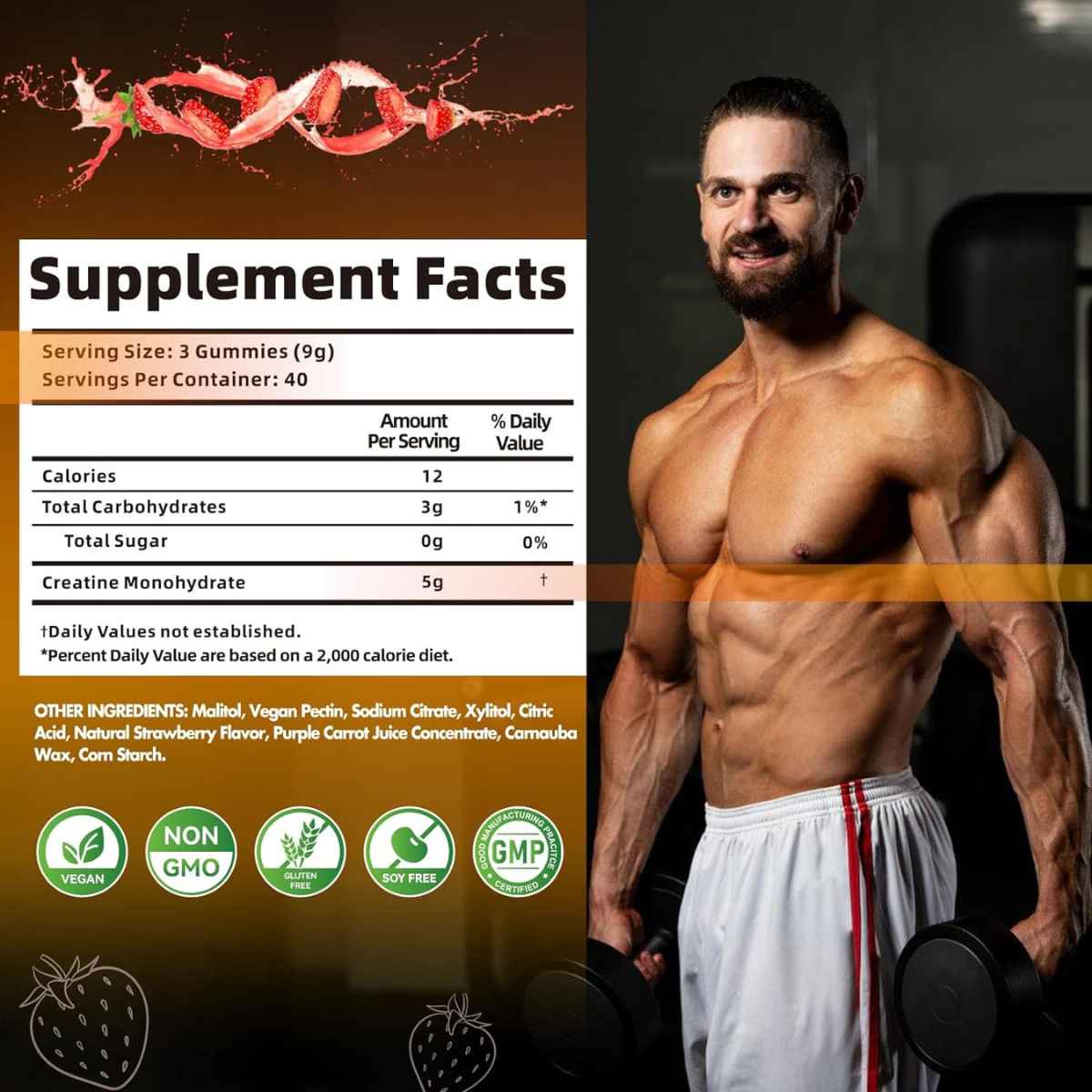 Nutravita Monohidrato de Creatina 5000 mg - Sabor Fresa - 120 Gomitas - Tabla Nutricional - Haz Tu Pedido