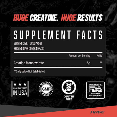 Huge Supplements Monohidrato de Creatina - Sabor Sin Sabor - 150 g - Tabla Nutricional - Haz Tu Pedido