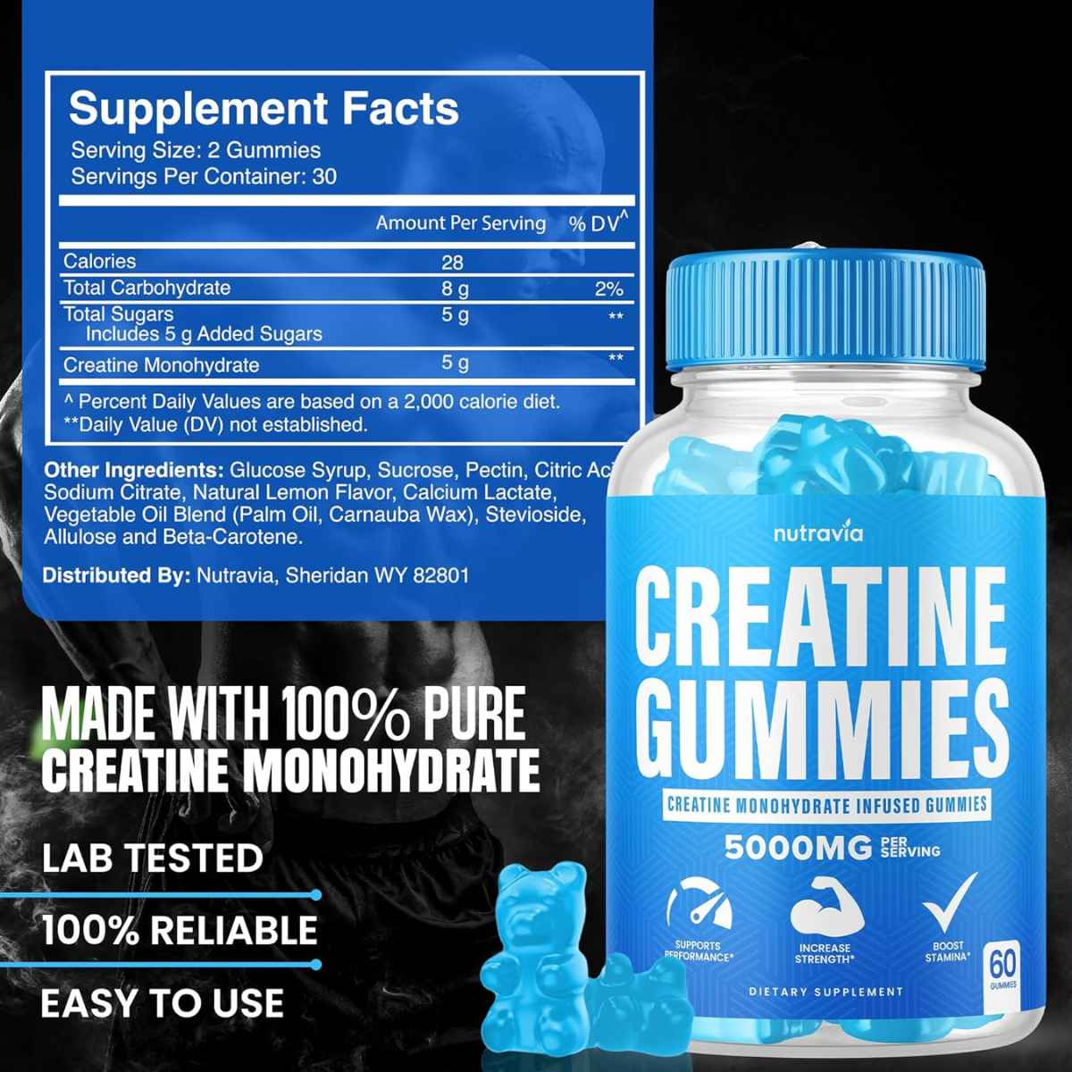Nutravía Monohidrato de Creatina 5000 mg - Sabor Frambuesas Azules - 60 Gomitas - Tabla Nutricional - Haz Tu Pedido