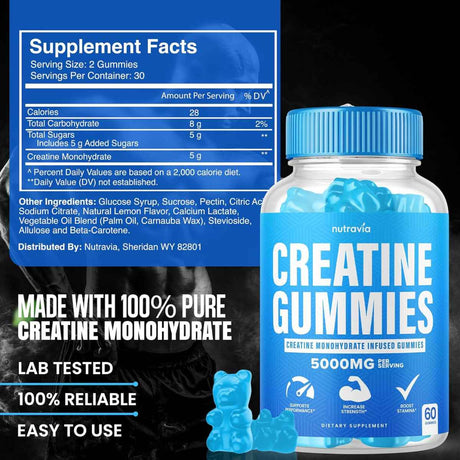 Nutravía Monohidrato de Creatina 5000 mg - Sabor Frambuesas Azules - 60 Gomitas - Tabla Nutricional - Haz Tu Pedido