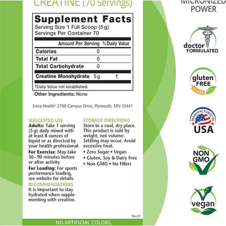 Eniva Health Monohidrato de Creatina - 350 g - Tabla Nutricional - Haz Tu Pedido