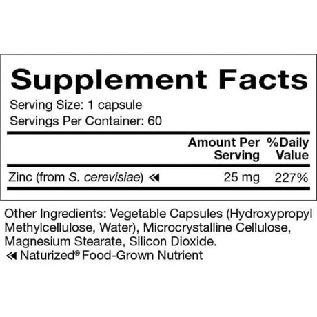 Natura Health Products Suplemento Alimenticio de Zinc 25 mg - 60 Cápsulas - Tabla Nutricional - Haz Tu Pedido