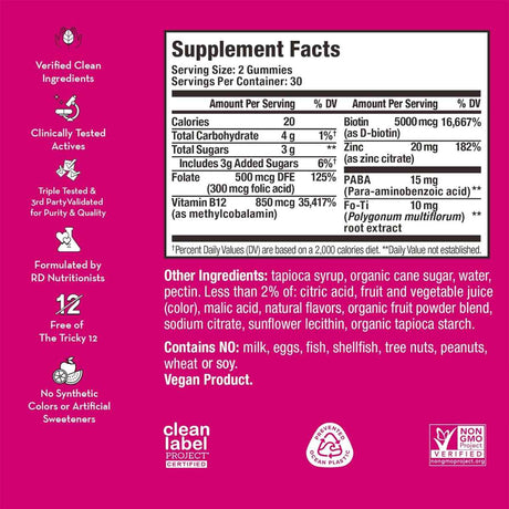 HUM  Suplemento para mejorar el crecimiento del cabello - 30 Gomitas Veganas - Tabla Nutricional - Haz Tu Pedido