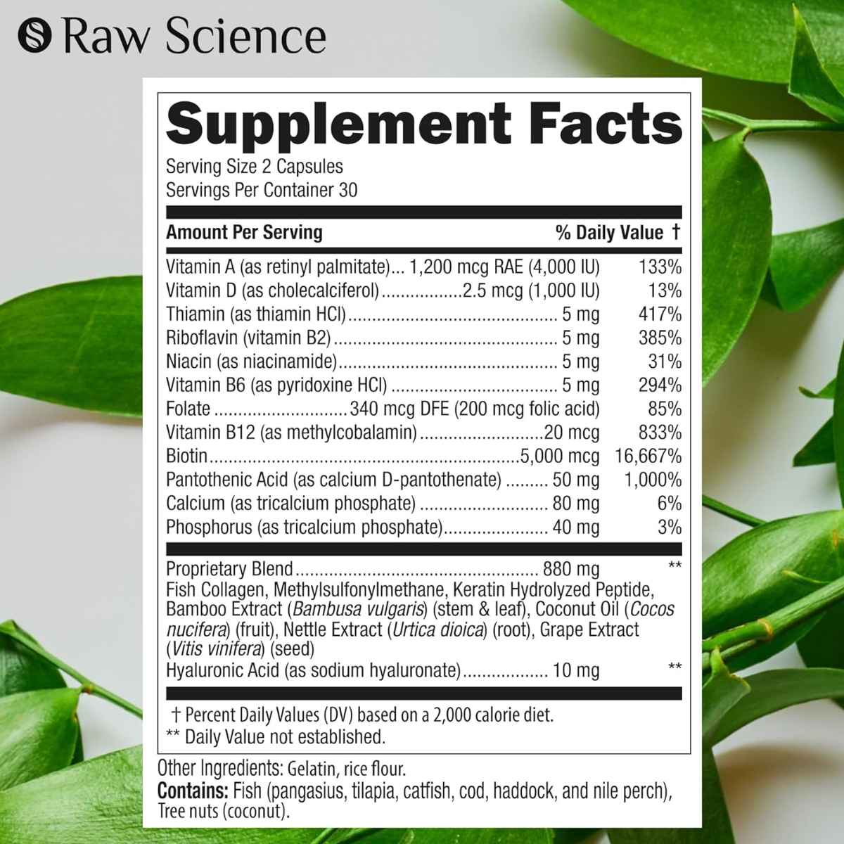 Raw Science Suplemento de queratina de colágeno de biotina - 60 Cápsulas - Tabla Nutricional - Haz Tu Pedido