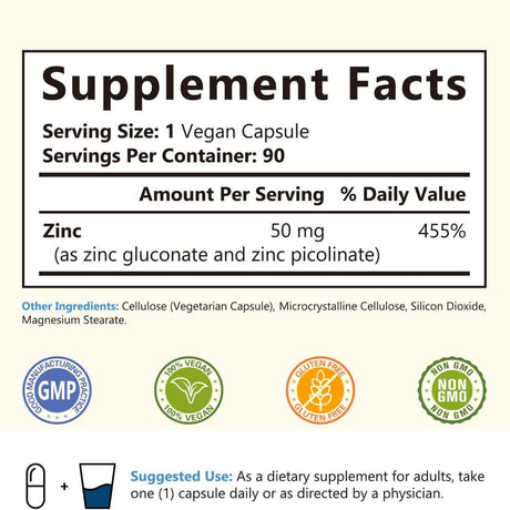 NatureMyst Zinc 50 mg - 90 Cápsulas Veganas - Tabla Nutricional - Haz Tu Pedido