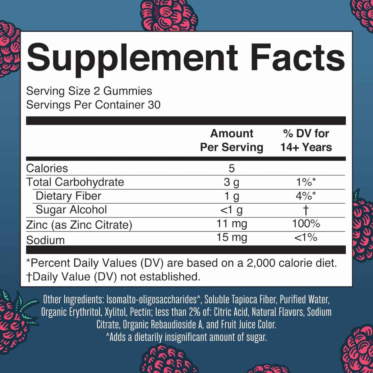 MaryRuth Organics Suplementos de Zinc - Sabor Frambuesa - 60 Gomitas - Tabla Nutricional - Haz Tu Pedido