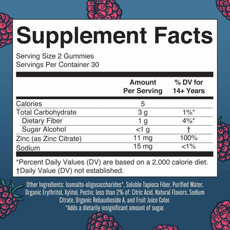 MaryRuth Organics Suplementos de Zinc - Sabor Frambuesa - 60 Gomitas - Tabla Nutricional - Haz Tu Pedido