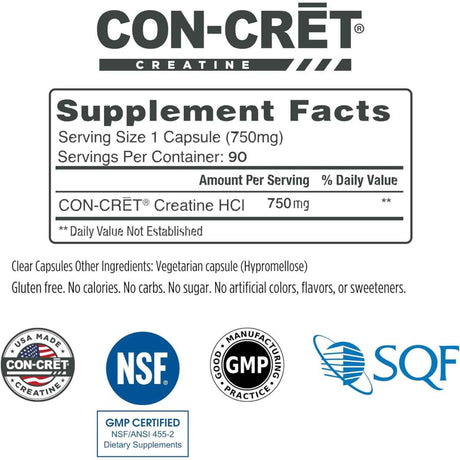 CON-CRET Creatina HCl - 90 Cápsulas - Tabla Nutricional - Haz Tu Pedido