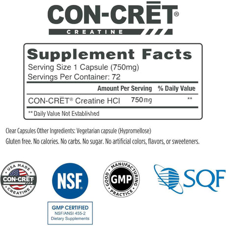 CON-CRET Creatina HCl - 72 Cápsulas - Tabla Nutricional - Haz Tu Pedido