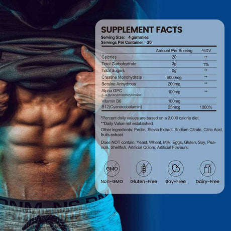 InGreens Monohidrato de Creatina 5000 mg - Sabor Arándano Azul - 120 Gomitas - Tabla Nutricional - Haz Tu Pedido