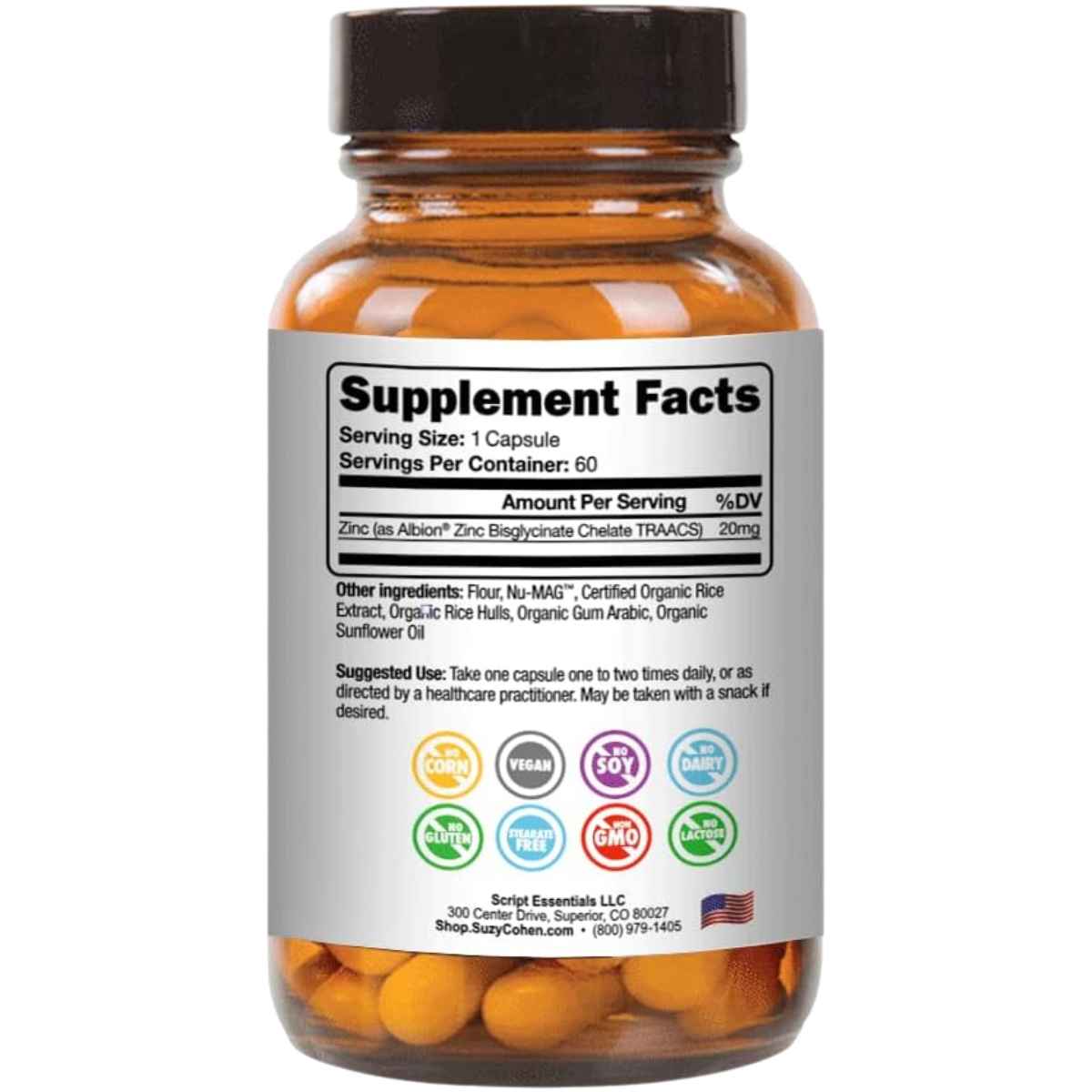 Suzy Cohen  Suplementos de Zinc Quelado - 60 Cápsulas - Tabla Nutricional - Haz Tu Pedido