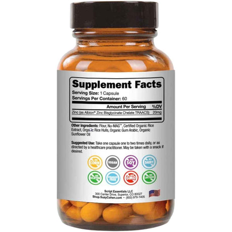 Suzy Cohen  Suplementos de Zinc Quelado - 60 Cápsulas - Tabla Nutricional - Haz Tu Pedido