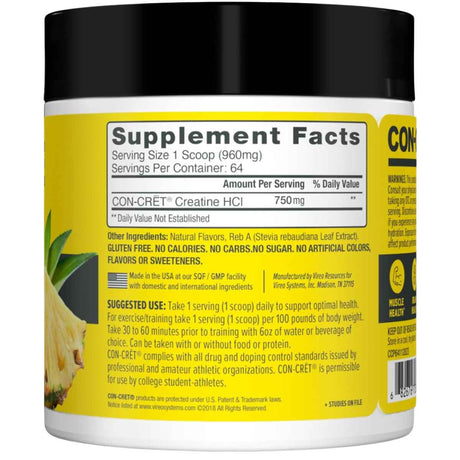 CON-CRET Creatina HCl - Sabor Piña - 61,4 g - Tabla Nutricional - Haz Tu Pedido