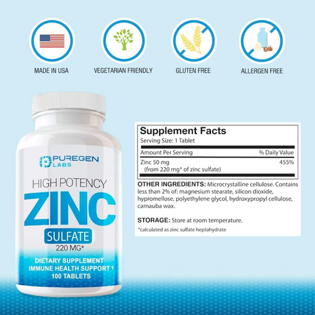 P Puregen Labs Sulfato de Zinc 220 mg - 100 Tabletas - Tabla Nutricional - Haz Tu Pedido
