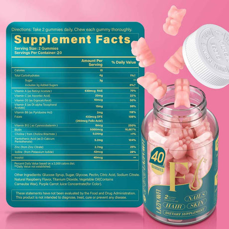 Lazpowfi Vitaminas para el Cabello la Piel y las Uñas - Sabor Frambuesa - 40 Gomitas - Tabla Nutricional - Haz Tu Pedido