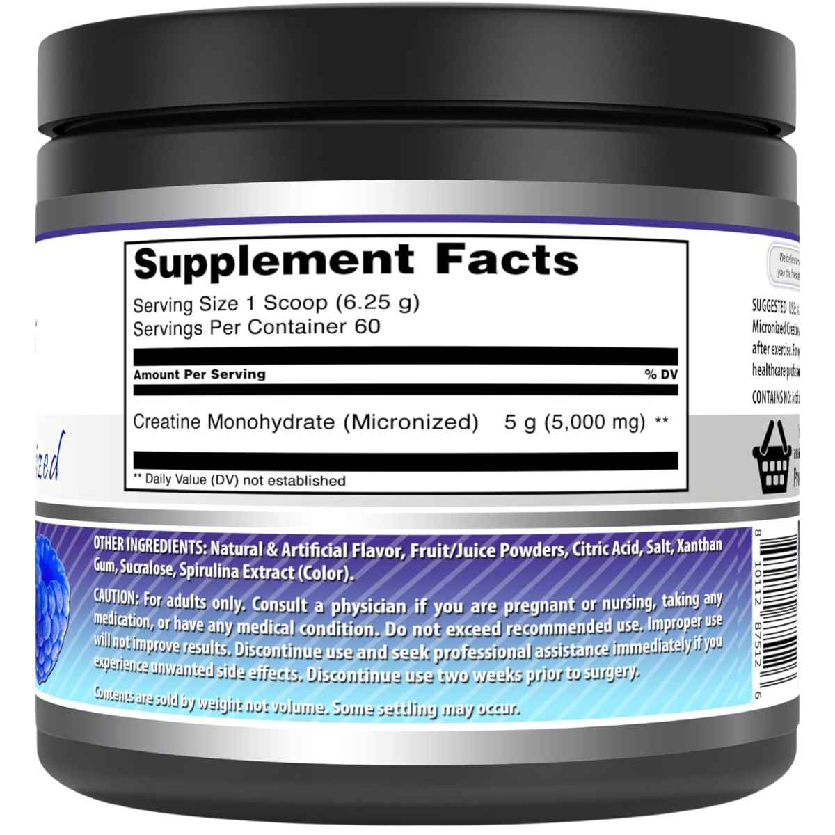 Amazing Nutrition Monohidrato de Creatina Micronizada 5000 mg - Sabor Frambuesa Azul - 360 g - Tabla Nutricional - Haz Tu Pedido