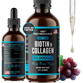 Herbify Biotina y Colágeno Suplemento para el Crecimiento del Cabello  30000 mcg - Sabor Uva - 60 ml - Haz Tu Pedido