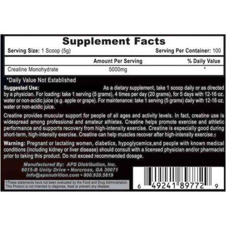 APS Nutrition Monohidrato de Creatina - 500 g - Tabla Nutricional - Haz Tu Pedido