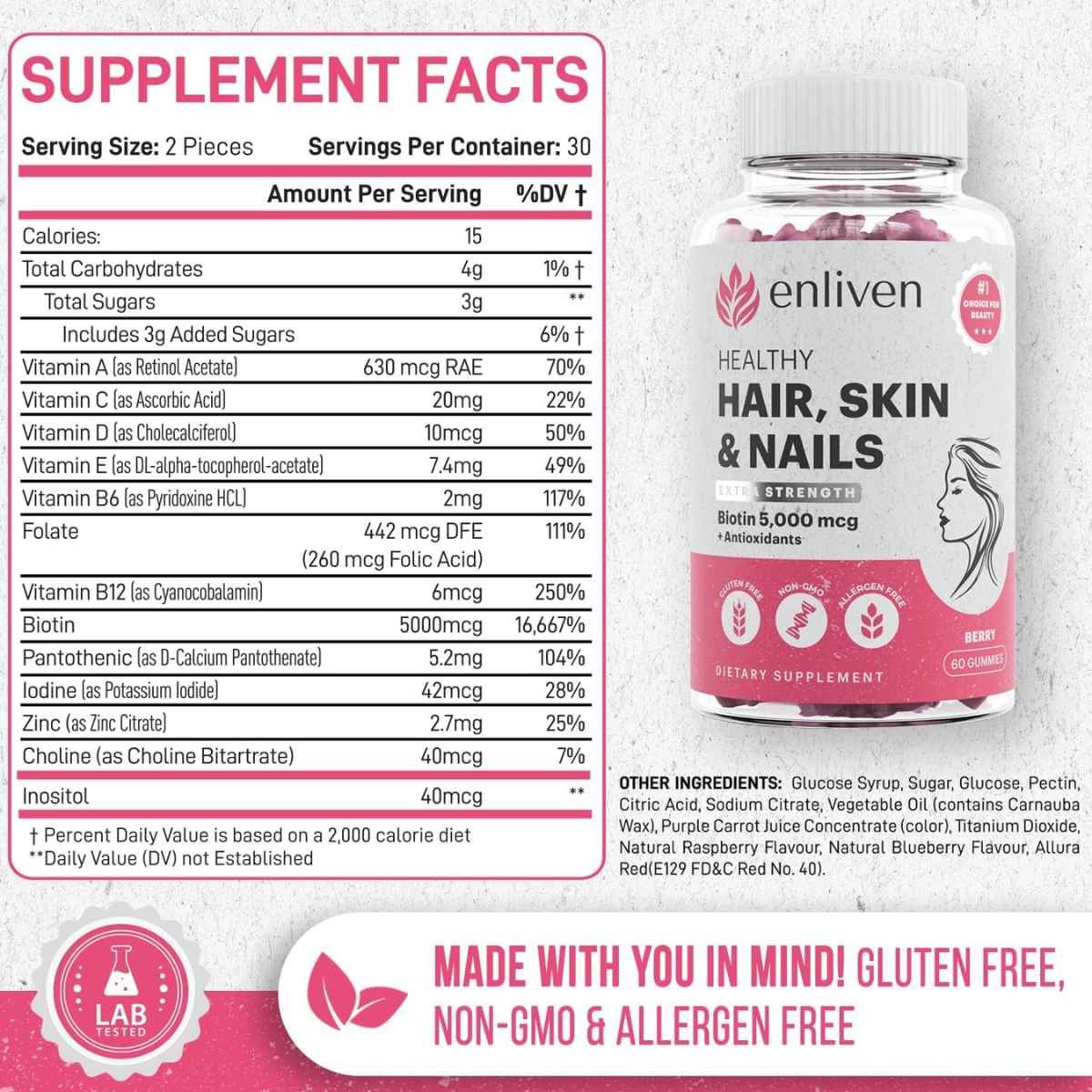 Enliven Vitaminas de biotina para el cabello, la piel y las uñas - 60 Gomitas - Tabla Nutricional - Haz Tu Pedido