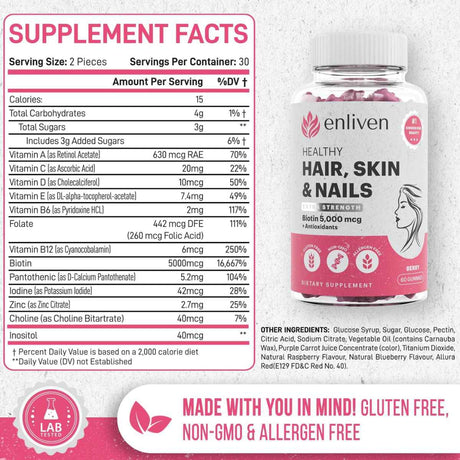 Enliven Vitaminas de biotina para el cabello, la piel y las uñas - 60 Gomitas - Tabla Nutricional - Haz Tu Pedido