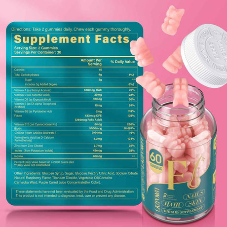 Lazpowfi Vitaminas para el Cabello la Piel y las Uñas - Sabor Frambuesa - 60 Gomitas - Tabla Nutricional - Haz Tu Pedido