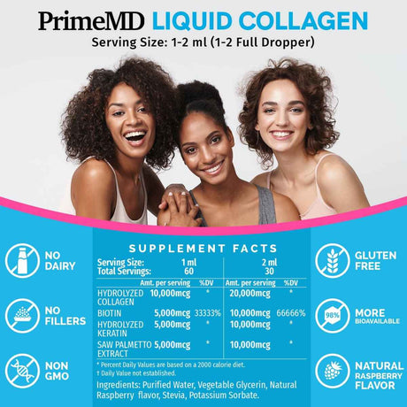 PrimeMD Vitaminas con Biotina y Suplemento de Colágeno para el Cabello, Piel y Uñas 50000 mcg - Sabor Frambuesa - 60 ml - Tabla Nutricional - Haz Tu Pedido