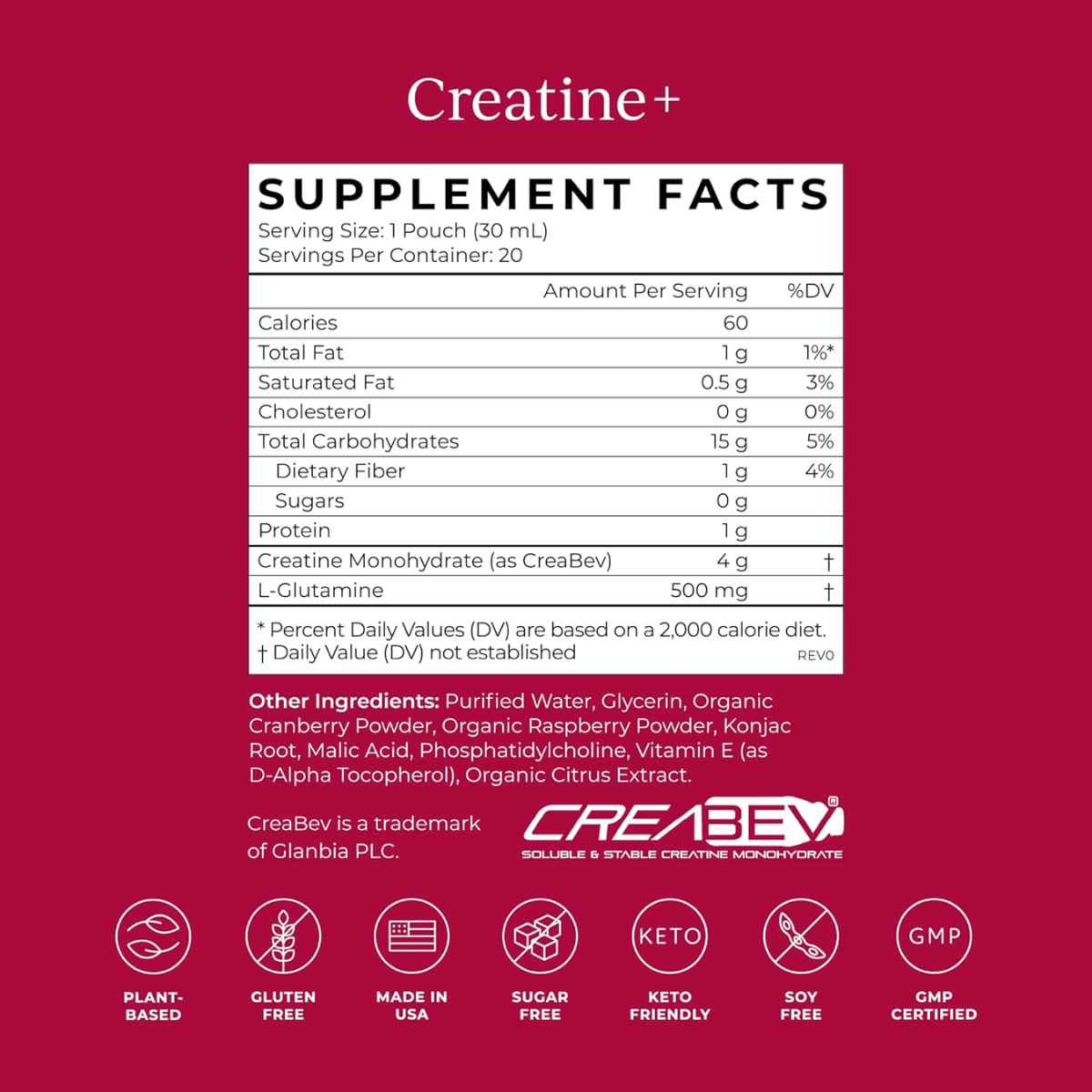 Cymbiotika Monohidrato de Creatina - Sabor Frambuesa - 30 ml - Tabla Nutricional - Haz Tu Pedido