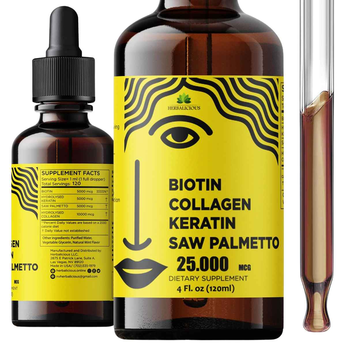 Herbalicious Suplemento Integral para el Cabello, Piel y Uñas 25000 mcg - 120 ml - Haz Tu Pedido