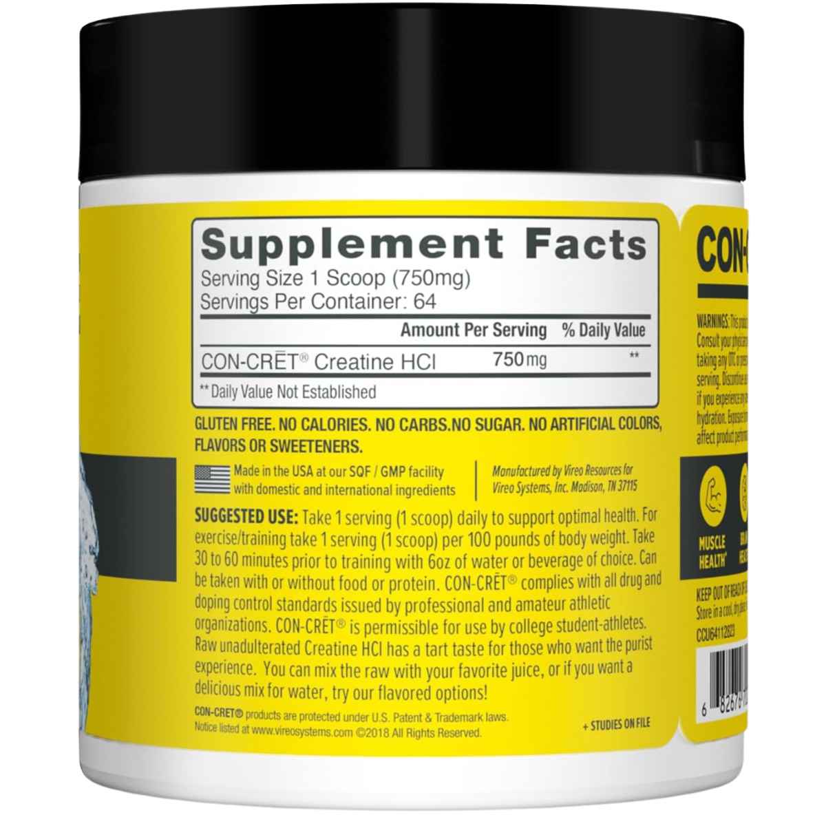 CON-CRET Creatina HCl - Sabor Sin Sabor - 48 g - Tabla Nutricional - Haz Tu Pedido