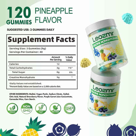 Leozmr Monohidrato de Creatina - Sabor Arándano piña - 120 Gomitas - Tabla Nutricional - Haz Tu Pedido