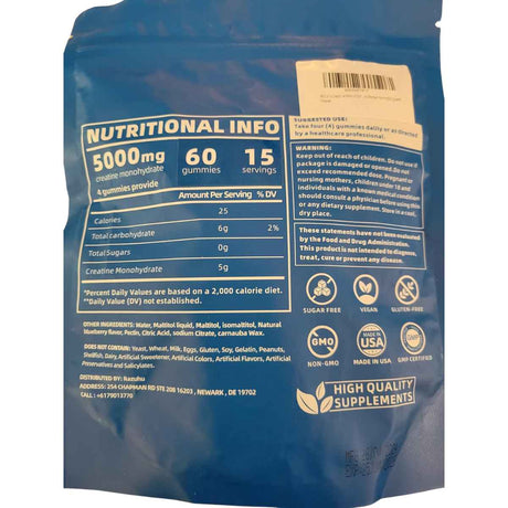 Razuhu Monohidrato de Creatina 5000 mg - Sabor Arándano Azul - 60 Gomitas - Tabla Nutricional - Haz Tu Pedido