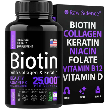 Raw Science Suplemento de queratina de colágeno de biotina - 60 Cápsulas - Haz Tu Pedido
