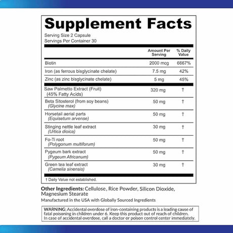 Pure Research DHT Blocker Soporte para el Crecimiento del Cabello - 60 Cápsulas - Tabla Nutricional - Haz Tu Pedido