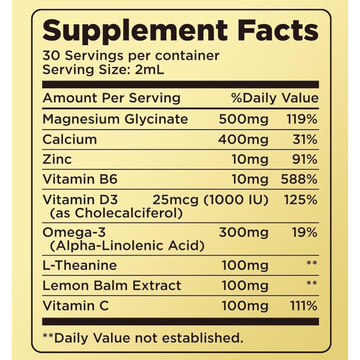 Tabla nutricional del suplemento alimenticio dilib magnesio glicinato en gotas 500 mg sabor limón, con ingredientes y cantidades por porción