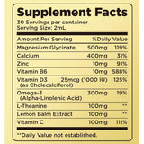 Tabla nutricional del suplemento alimenticio dilib magnesio glicinato en gotas 500 mg sabor limón, con ingredientes y cantidades por porción