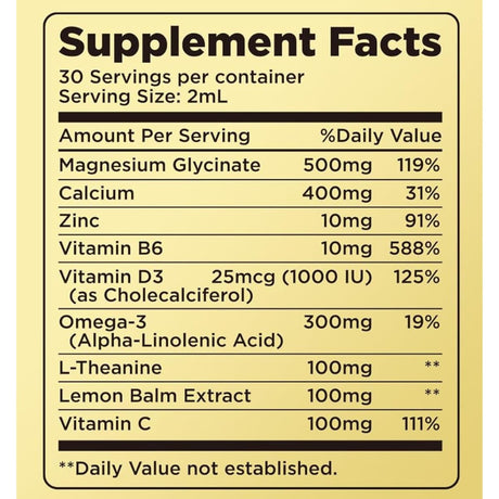 Tabla nutricional del suplemento alimenticio dilib magnesio glicinato en gotas 500 mg sabor limón, con ingredientes y cantidades por porción