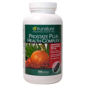 Frasco del suplemento TruNature con extracto de saw palmetto en cápsulas blandas, presentación de 250 unidades.