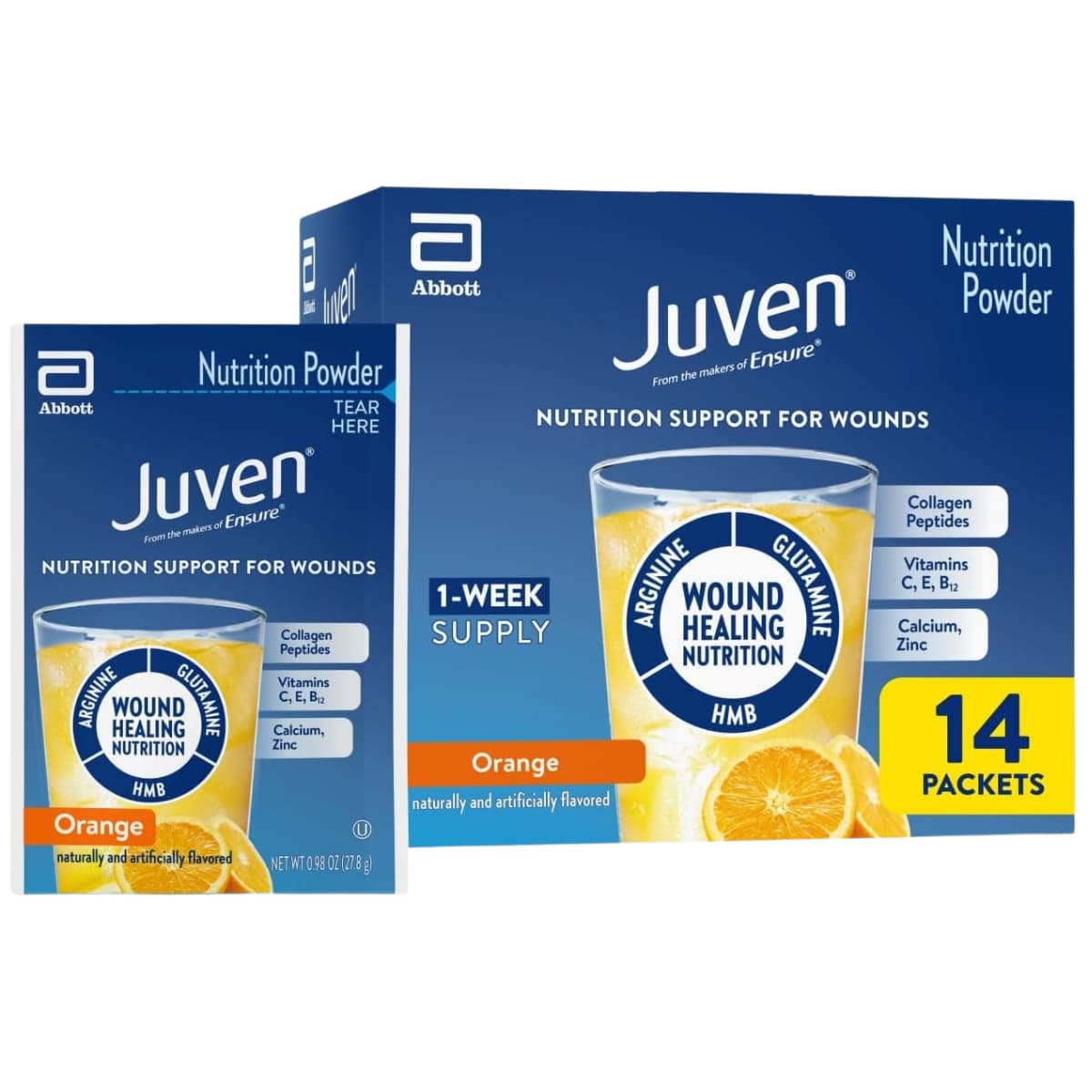Caja y sobre del suplemento Abbott Juven Nutrition Powder Sabor Naranja 14 Sobres