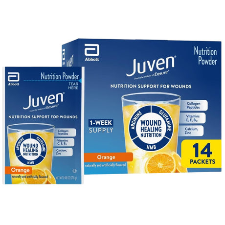 Caja y sobre del suplemento Abbott Juven Nutrition Powder Sabor Naranja 14 Sobres